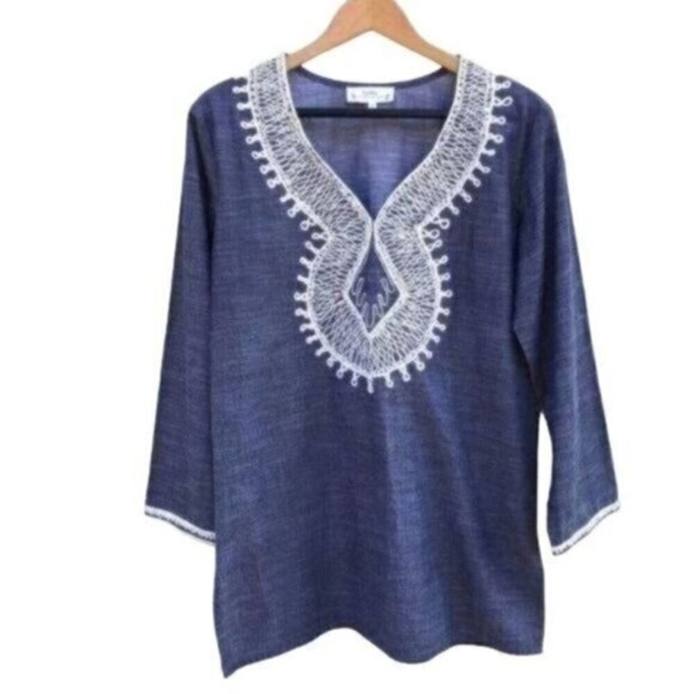 Anthropologie Navy Blue Embroidered V-Neck Tunic
